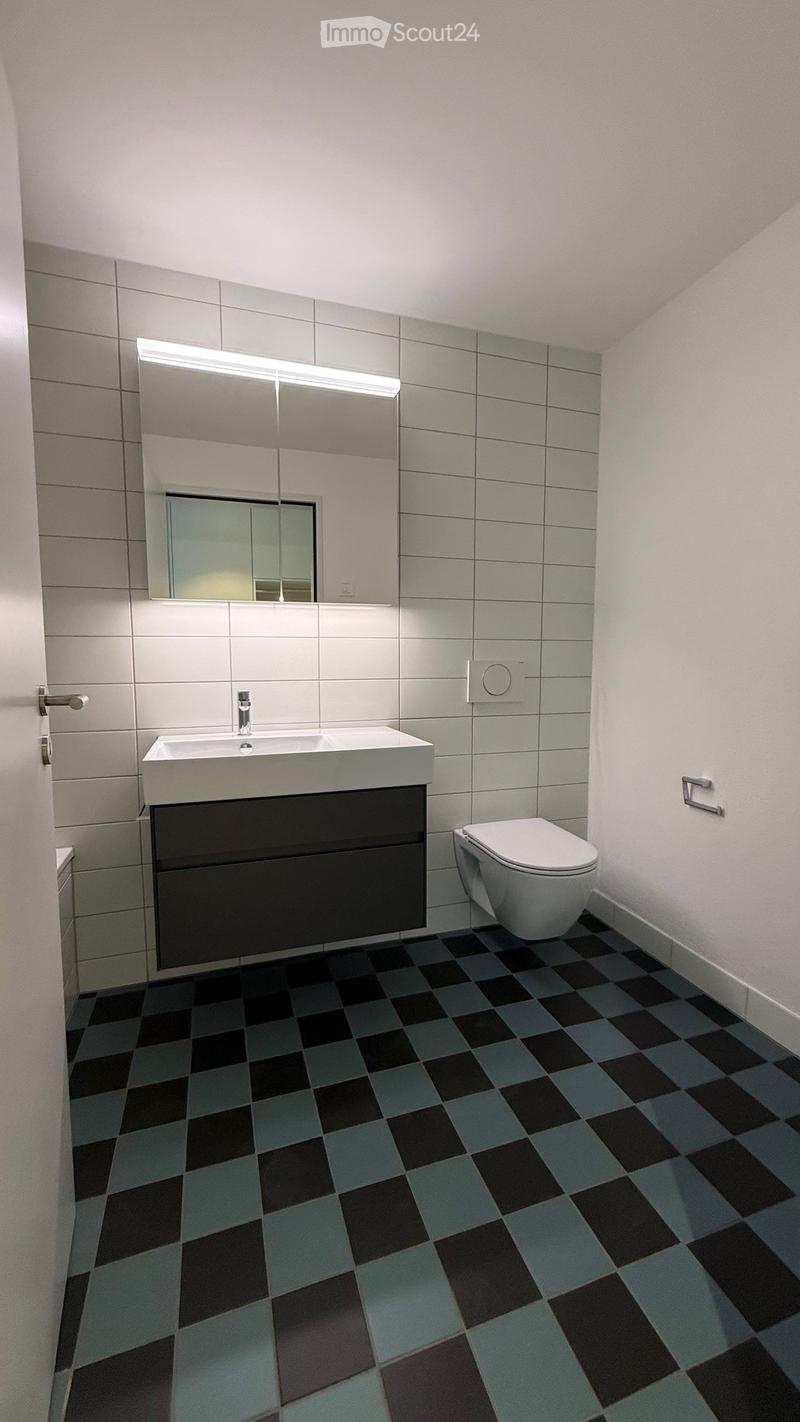 Modern bathroom with grey tiles, black and grey checkered floor, white sink with dark cabinet, toilet, and large mirror with built-in lighting.