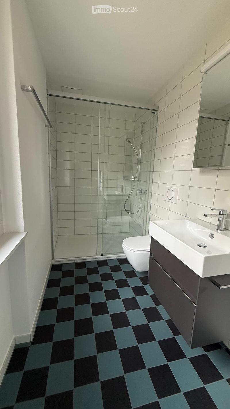 Modern bathroom with a glass-enclosed shower, toilet, sink, and dark grey cabinetry. The floor features a black and grey checkered tile pattern.