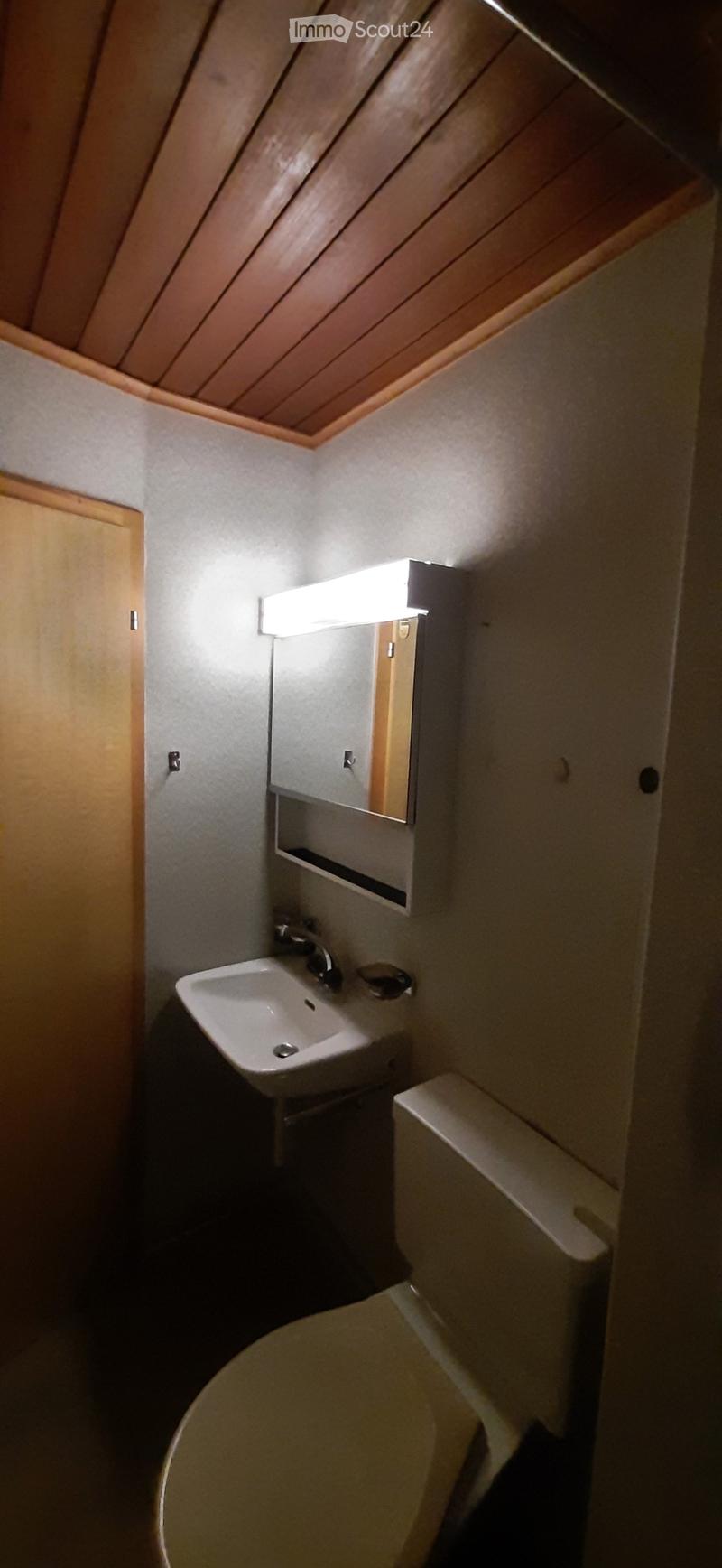 Compact bathroom with a white sink, mirror, cabinet, bathtub, and toilet. The room features wooden paneling on the ceiling and walls.