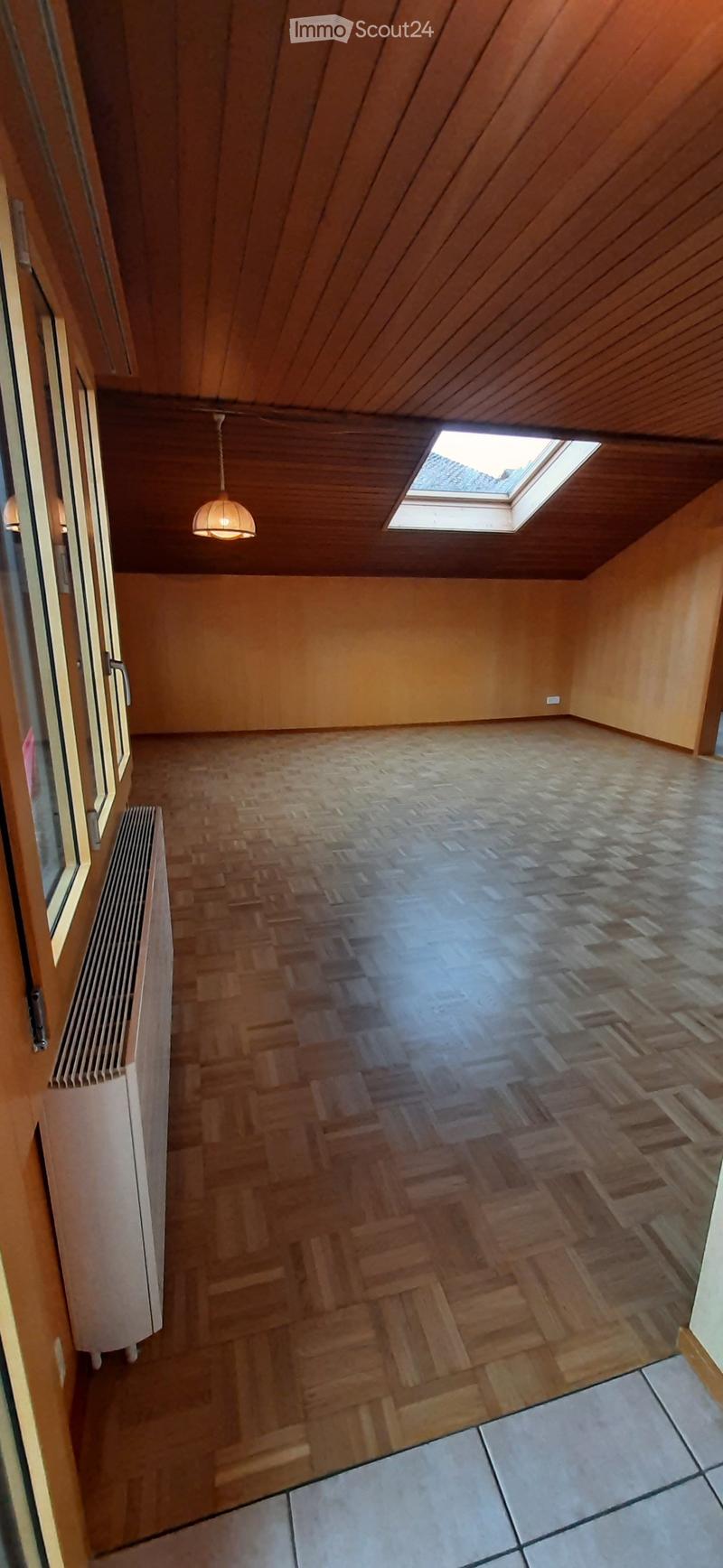 Empty room with wooden herringbone flooring, wooden paneled ceiling, skylight, radiator, and a hanging light fixture.