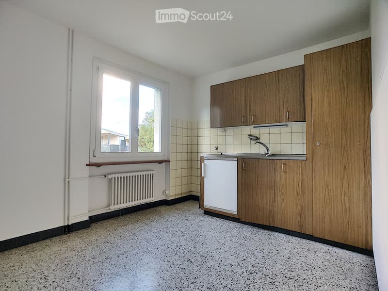Empty kitchen with wooden cabinets, a sink, and a window overlooking a view.