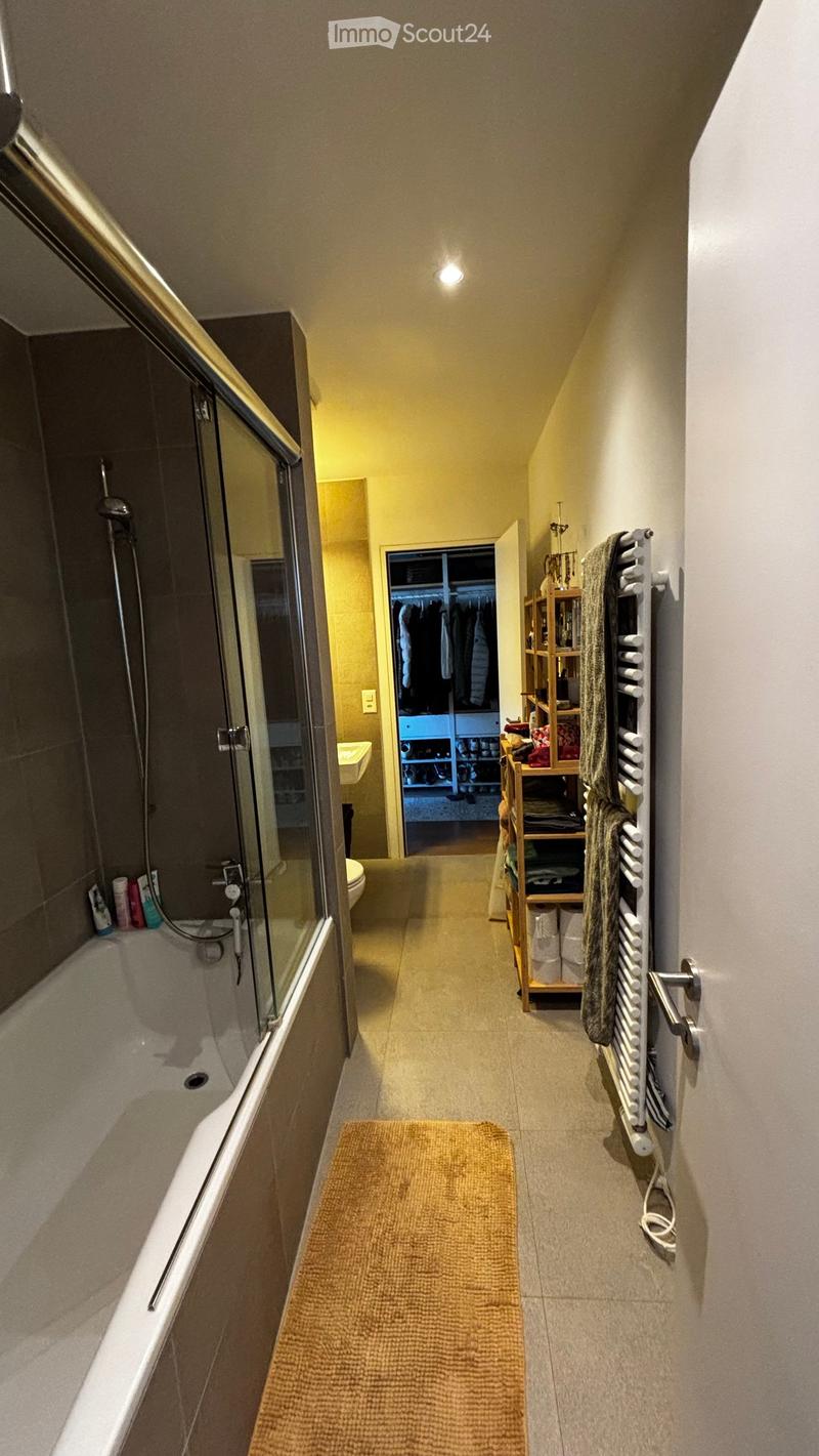 A narrow hallway leading to a bathroom, featuring a bathtub with a glass shower enclosure, a towel rack, a small shelf with folded towels, and a rug on the floor.