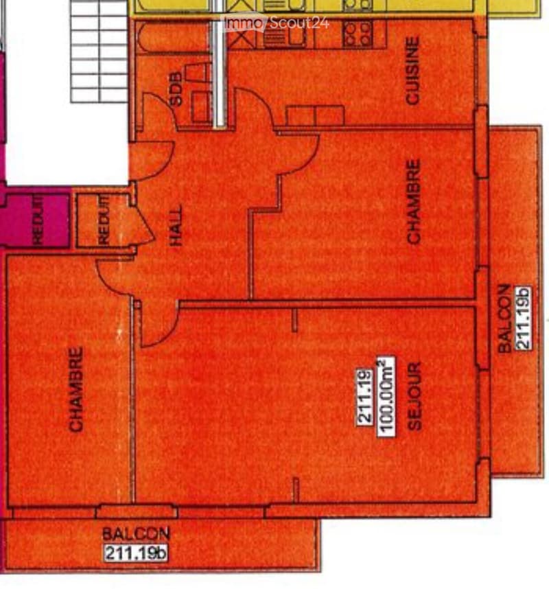 Floor plan showing a living area, kitchen, three bedrooms, two bathrooms, and two balconies.