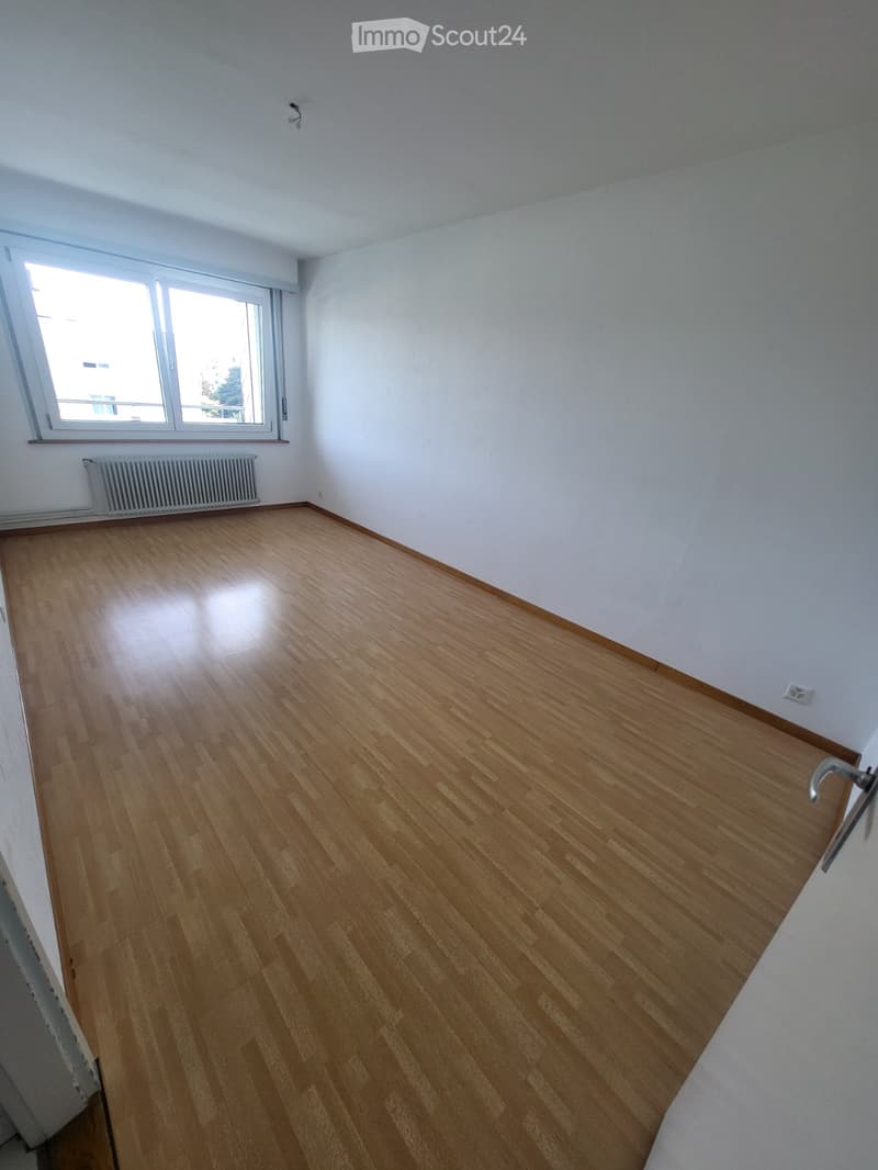 Empty room with light wooden flooring, white walls, and a large window with a radiator below it.
