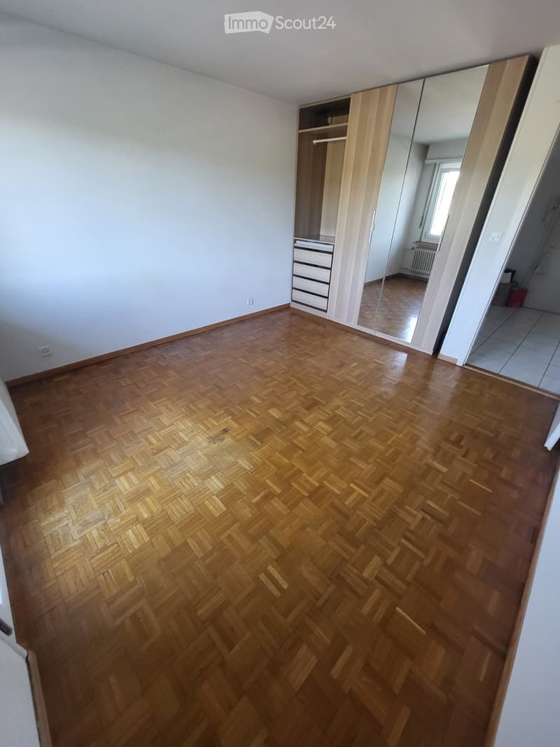 Empty room with wooden herringbone flooring, white walls, and a large mirrored wardrobe with drawers visible in the background.