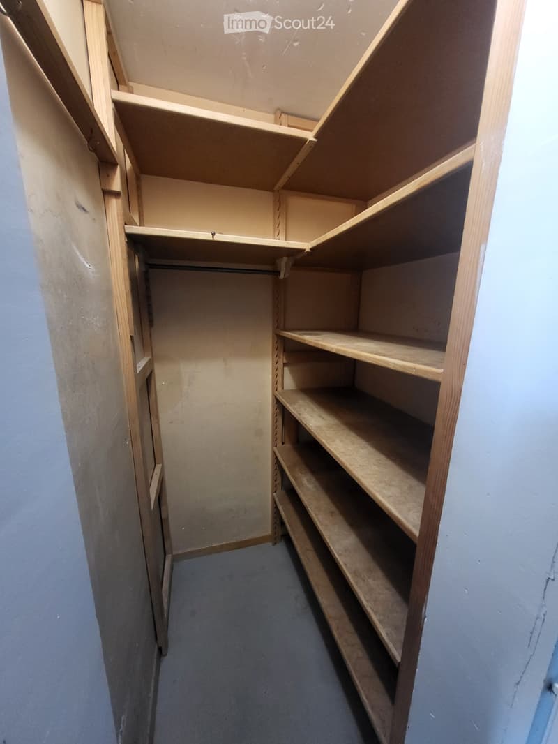 Empty closet with wooden shelves and a hanging rod, no items or furniture present.