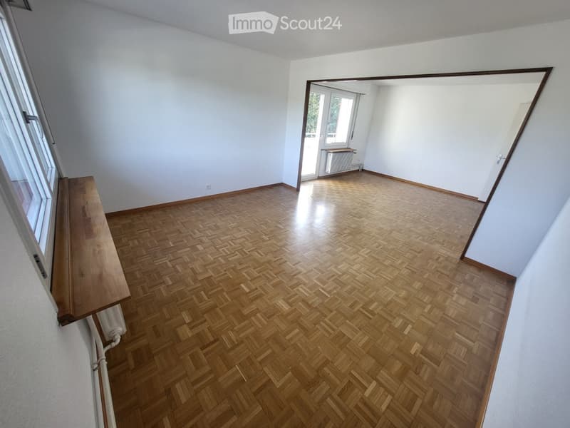 Empty room with wooden herringbone flooring, white walls, large windows, and a radiator visible in the adjacent room.