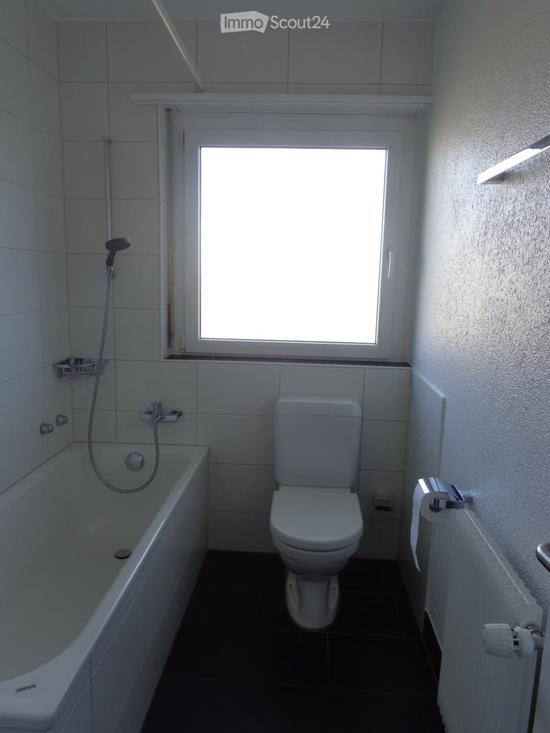 Modern bathroom with a bathtub, toilet, shower, radiator, and toilet paper holder. The room features white tiled walls and a large window letting in natural light.