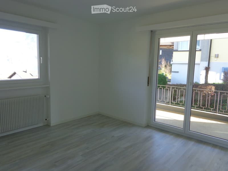 Empty room with light-colored wooden flooring, white walls, a radiator, and large sliding glass doors leading to a balcony.