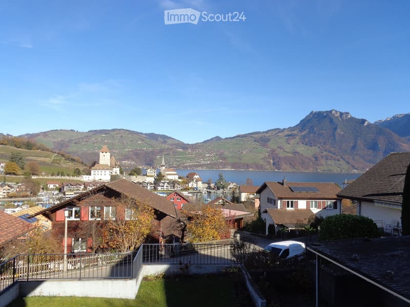 Scenic view of a lakeside town with traditional houses, a castle, and distant mountains under a clear blue sky.