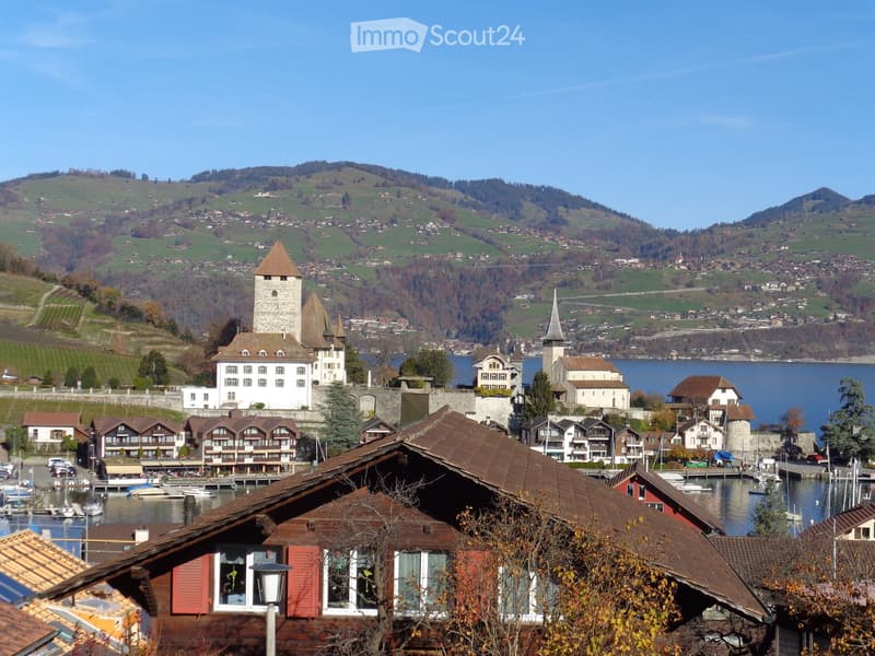 Scenic view of a town with historic buildings, a castle, and a lake surrounded by green hills and mountains.