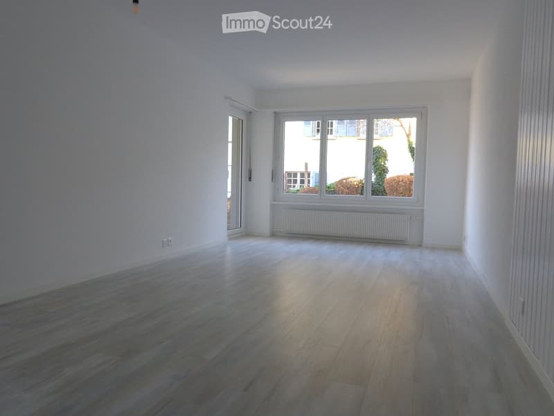 Empty room with light wooden flooring, white walls, large windows, and a radiator below the windows.