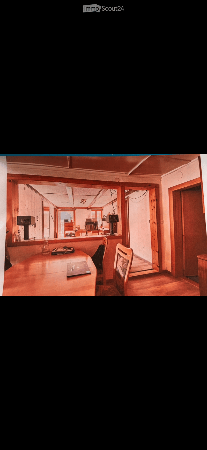 wooden floor, large window, mirror, table, chair, desk, picture frame, open door