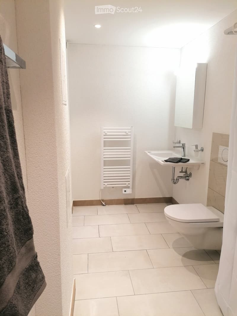 Modern bathroom with white tiled floor, white walls, a toilet, a sink with a faucet, a mirror, a towel rack, and a towel hanging on the side.