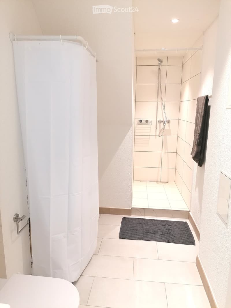 Modern bathroom with a toilet, shower area with a curtain, towel hanging on the wall, and a bathroom mat on the floor.