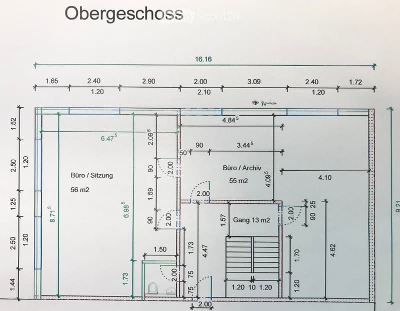 Floor plan of the upper floor showing a living room, office, archive, and hallway with dimensions and room labels.