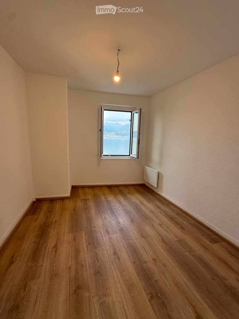 Empty room with wooden flooring, white walls, a single window with a scenic view, and a light fixture hanging from the ceiling.
