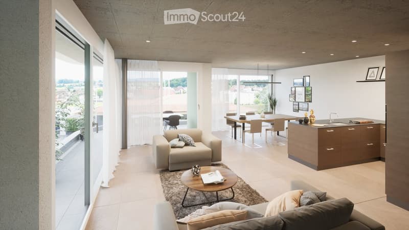 modern design, large windows, balcony with view, wooden floor, white walls, built-in cabinets, kitchen area with dining table, living room with couch, coffee table, pillows, white curtains, ceiling lights