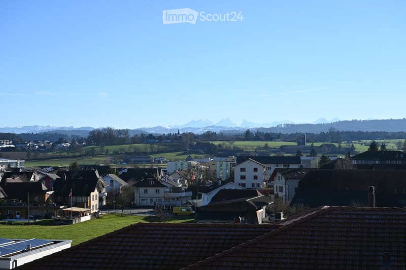 Residential area with traditional houses, solar panels, trees, fields, mountains in the background.