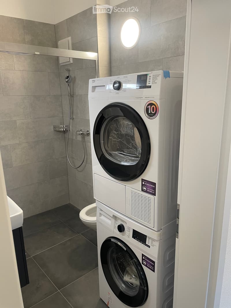 Modern bathroom with a washing machine and dryer unit, toilet, shower, and sink.