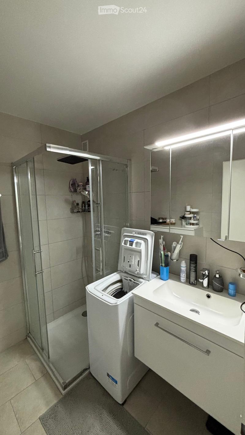 Modern bathroom with a white sink, mirror, shower, and a compact washing machine. The sink has a modern faucet and a toothbrush holder with cups and bottles. The shower has a glass door and built-in shelves.
