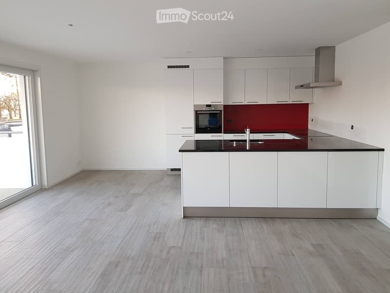Modern kitchen with white cabinets, dark countertops, and a stainless steel range hood. Features a large window and light wooden flooring.