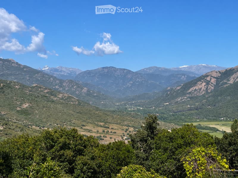 A panoramic view of a mountainous landscape with rolling hills, scattered trees, and a clear blue sky. The foreground features dense green foliage, while the background showcases rugged mountain peaks and a partly cloudy sky.