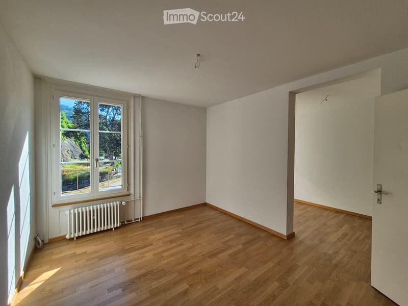 Empty room with wooden flooring, white walls, and a large window with a view of greenery. A radiator is visible below the window.