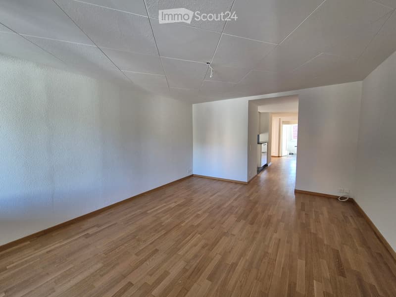 Empty room with wooden flooring and white walls, featuring a ceiling light fixture and an open doorway leading to another room.