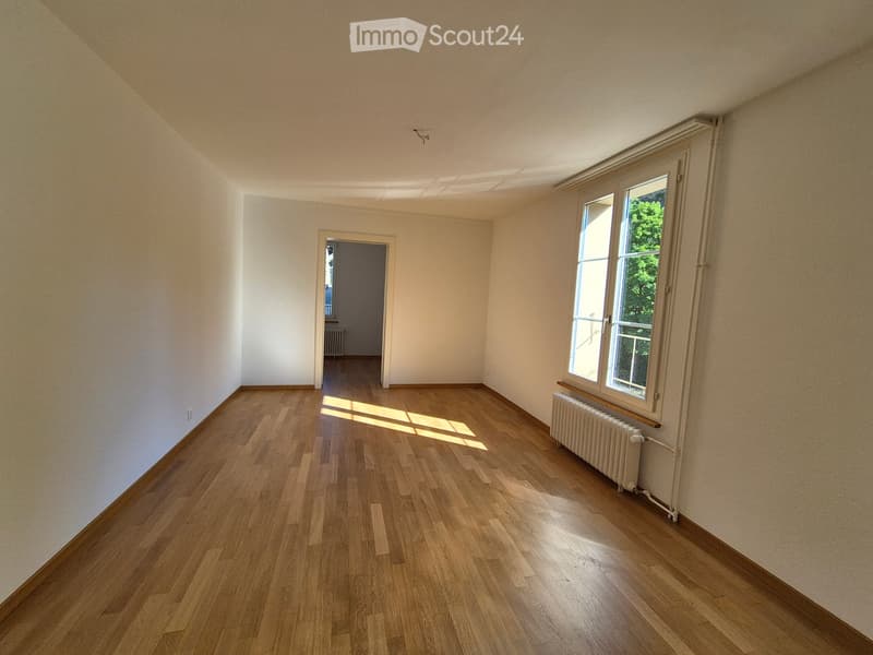 Empty room with wooden flooring, white walls, and a window with a radiator below it. Sunlight streams in from the window, casting shadows on the floor.