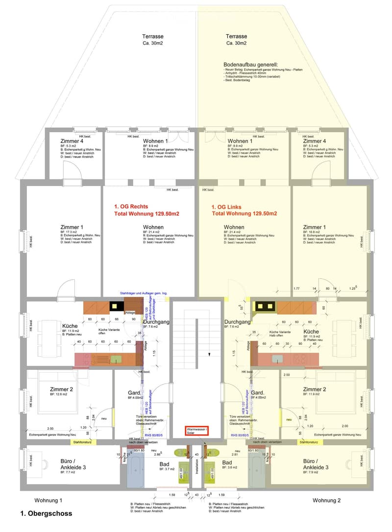 Floor plan of a two-story residential building with two apartments, each featuring a living room, kitchen, two bedrooms, bathroom, and hallway. Includes terraces and detailed measurements.