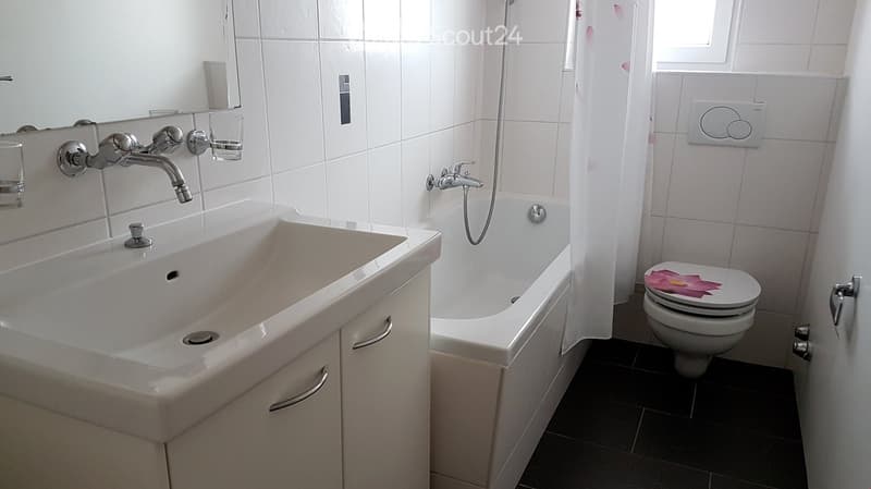 Modern bathroom with white tiles, a large sink, a bathtub, and a toilet. The sink has a chrome faucet, and the bathtub features a handheld showerhead. A mirror is mounted above the sink, and a small cabinet is integrated into the sink design.