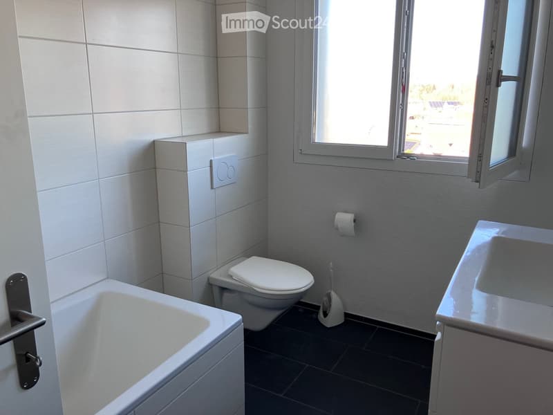 Bathroom: white bathtub, white tiles, toilet, white vanity with sink, white window