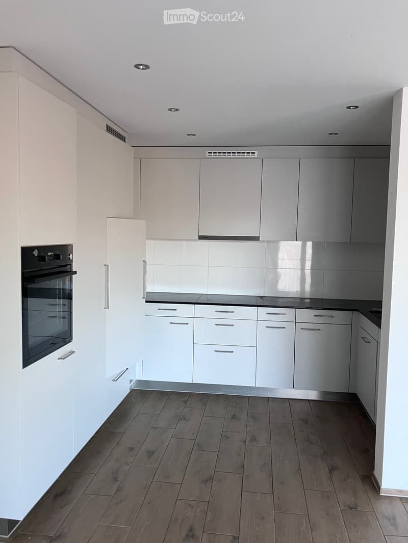 modern kitchen with white cabinets, wooden floor, black countertops, built-in oven, sink, and dishwasher
