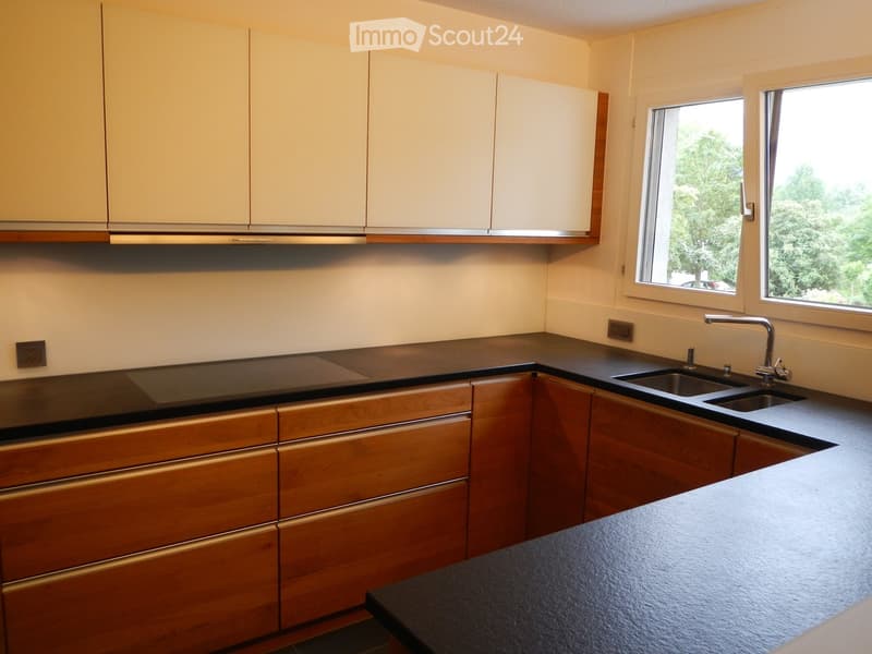 Modern kitchen with light-colored cabinets, dark countertops, and a double sink with a modern faucet. The room features large windows with a view of greenery outside.