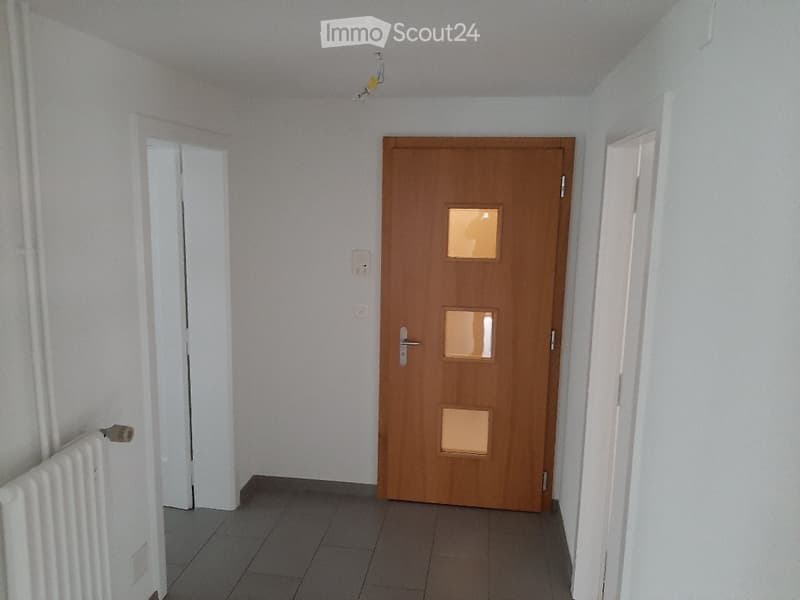 Empty hallway with white walls, tiled floor, and a central wooden door with glass panels. A radiator is visible on the left side.