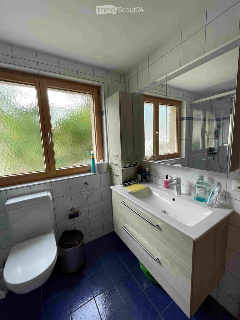Modern bathroom with a white toilet, a large sink with a mirror, and a window with frosted glass. The sink has a modern faucet and a countertop with various toiletries. The floor is tiled in blue, and there is a trash bin next to the toilet.