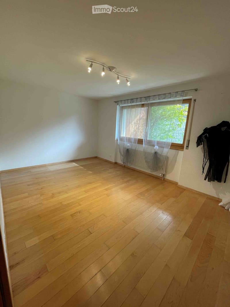 Empty room with wooden flooring, white walls, a window with sheer curtains, and a radiator below the window. A piece of clothing is hanging on the wall to the right.