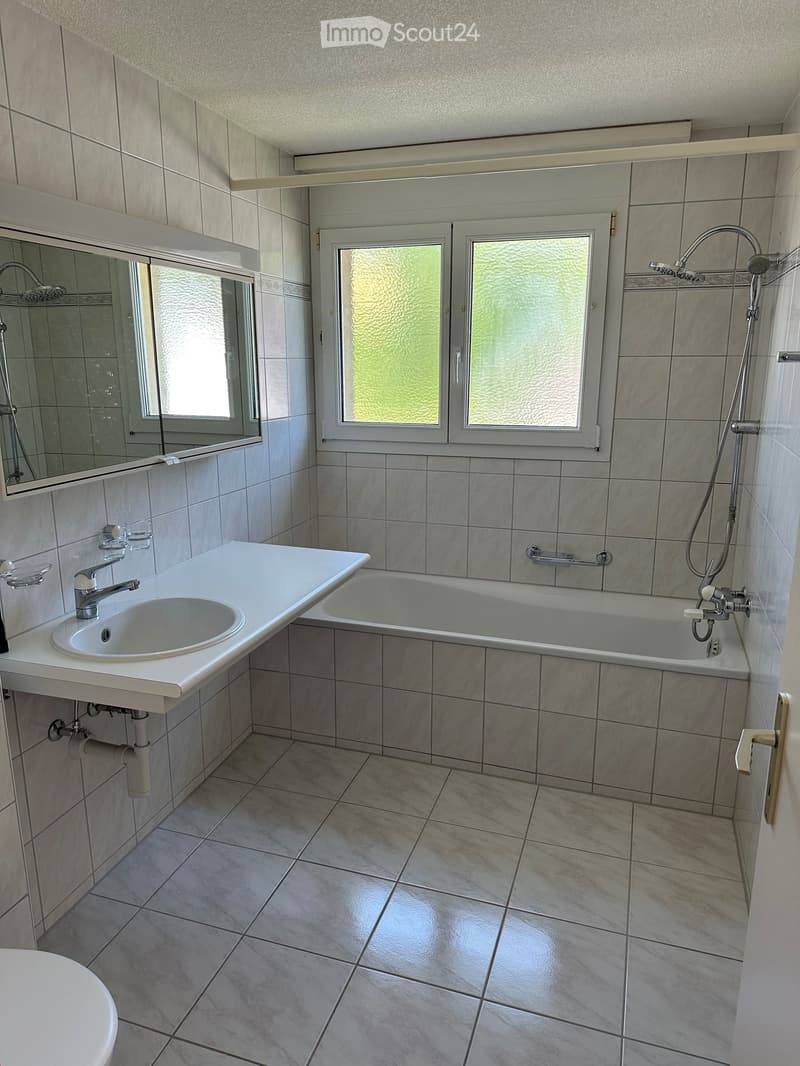 Bathroom with tiled walls and floor, featuring a sink, bathtub, showerhead, and mirror. The space includes a window with frosted glass and a toilet visible in the foreground.
