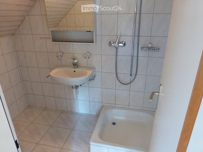 Bathroom with tiled walls and floor, featuring a sink, bathtub, and shower hose with a rack.