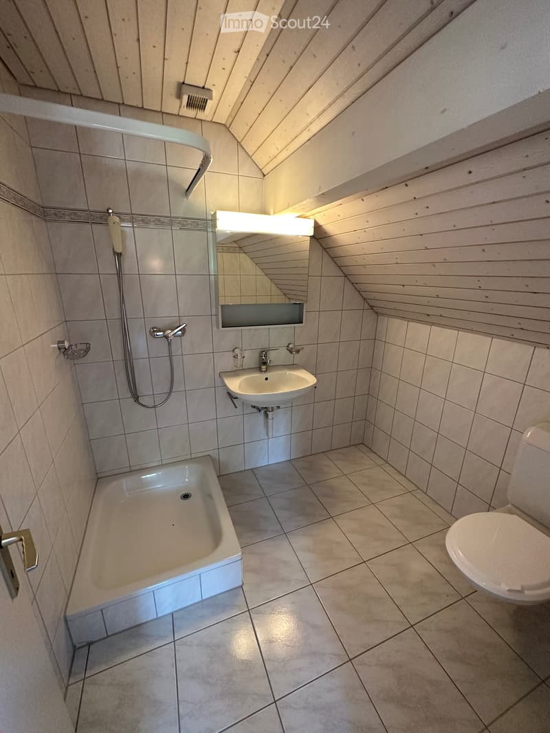 Modern bathroom with a bathtub, toilet, sink, and mirror. The room features tiled walls and floor, a sleek shower hose, and built-in lighting above the mirror.