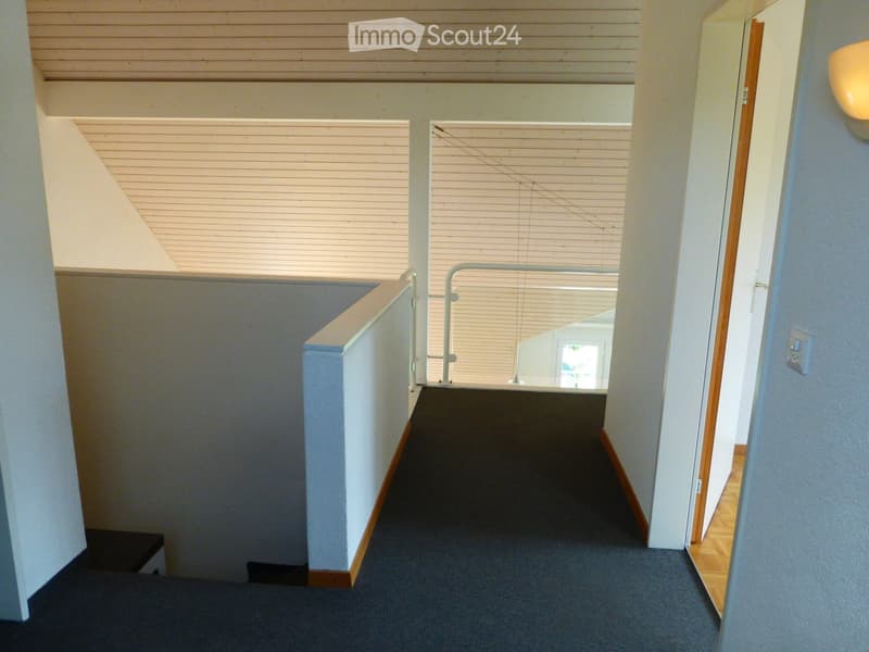 Modern hallway with carpeted floor, white walls, wooden trim, and a metal handrail leading to an open area with wooden slatted ceiling and natural light.