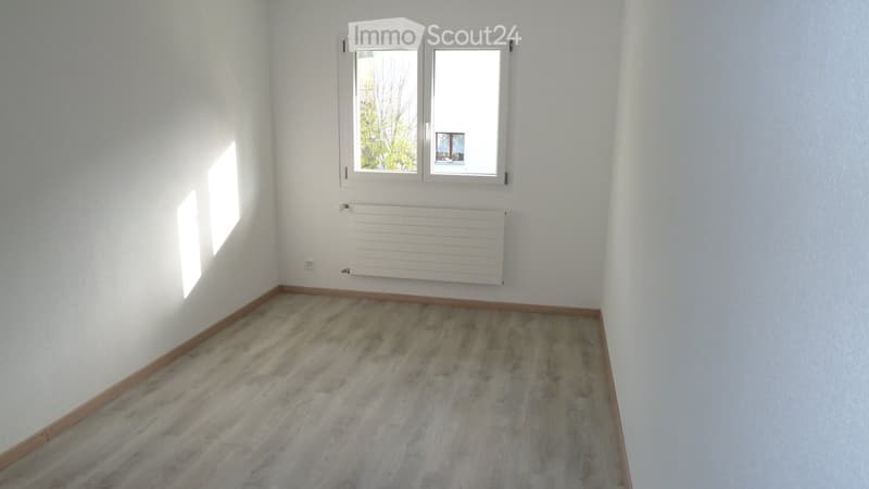 Empty room with light wooden flooring, white walls, a double window, and a white radiator.