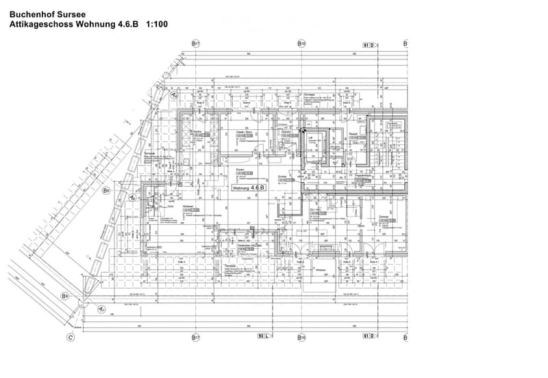 Floor plan of an attic apartment showing living room, kitchen, dining area, bedrooms, bathrooms, and terraces.