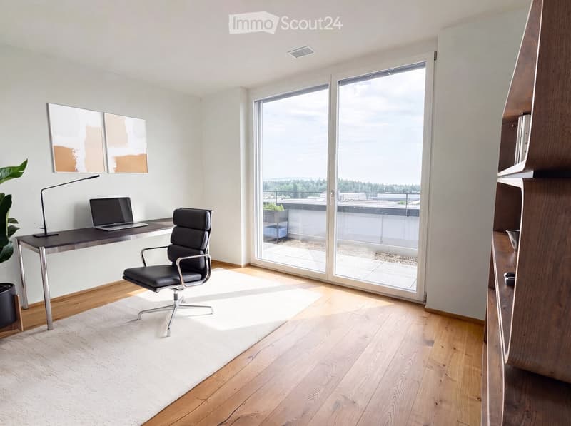Modern, well-lit room with a desk, laptop, ergonomic chair, floor lamp, and large windows offering a scenic view.