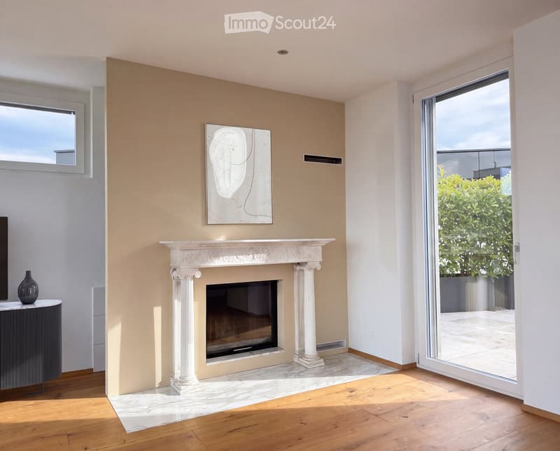 Living room with a fireplace, a vase on a side table, and a painting on the wall. Large sliding glass door leads to an outdoor area.