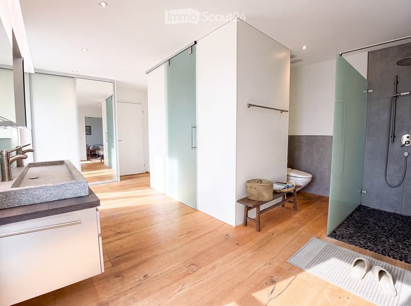 Modern bathroom with wooden flooring, a large sink with a stone countertop, a glass-enclosed shower, a toilet, a small bench with a basket, and a rug with slippers.
