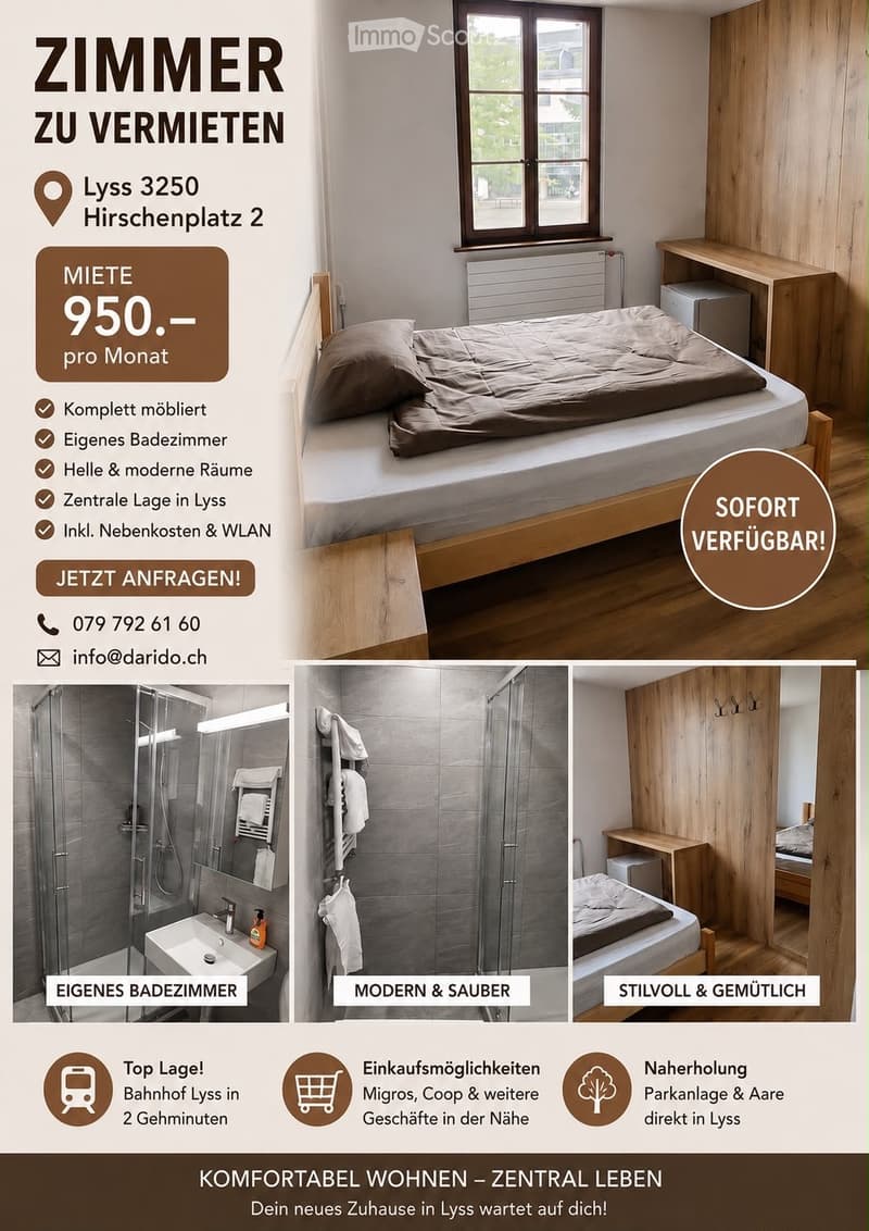 Well-lit bedroom with a single bed, nightstand, radiator, and a small desk. The room features wooden flooring and large windows with a view of the street.