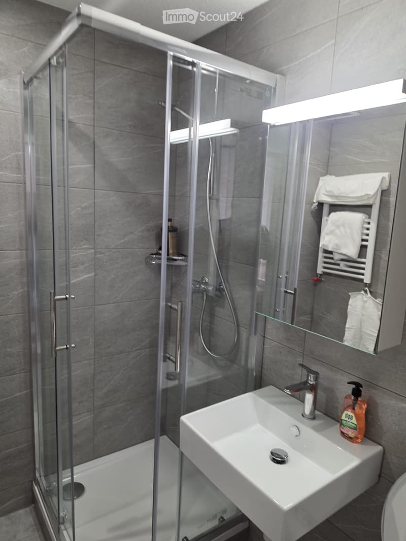 Modern bathroom with a glass-enclosed shower, white sink, and towel rack with folded towels.