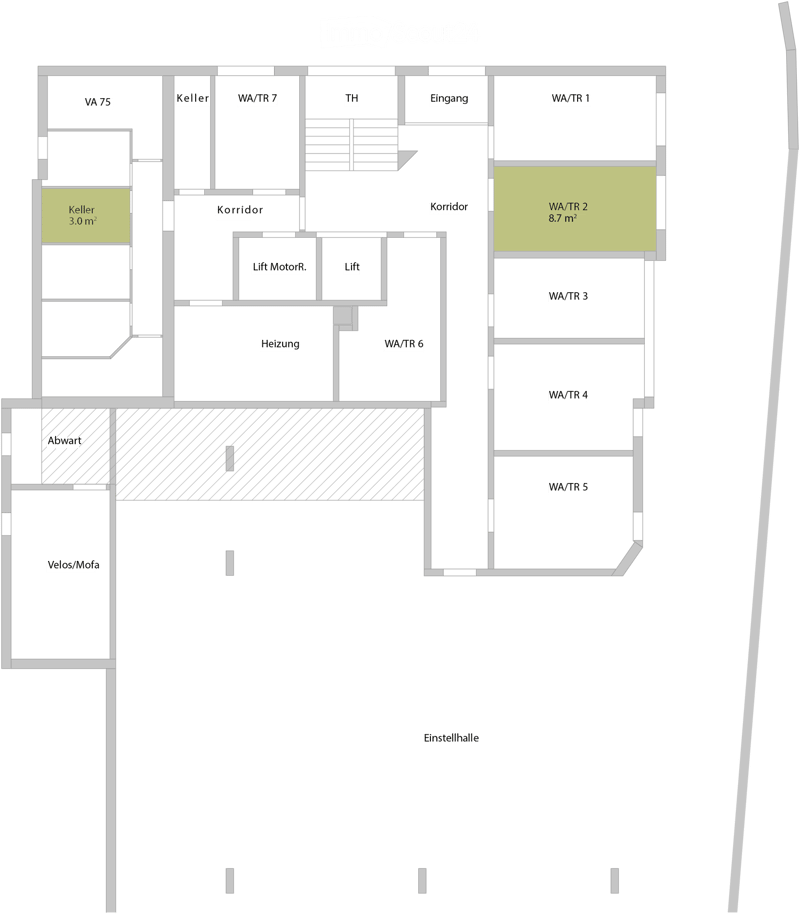 Floor plan showing multiple rooms including Keller, Korridor, Lift, Heizung, and several WA/TR rooms.